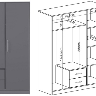 szafa 150 trzydrzwiowa z szufladami półkami Smart SR2 garderoba szara