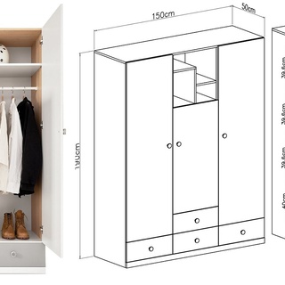 szafa 150 z szufladami półkami Pixel PX1 trzydrzwiowa garderoba młodzieży dzieci dąb biały szary do pokoju sypialni korytarza