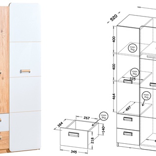 szafa 80 z półkami szufladami Lorento L-1 ubraniowa biała dąb