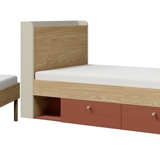 zestaw mebli młodzieżowych dzieci Yuki 1 nowoczesny komplet biurko łóżko szarobeżowy dąb eukaliptus koral do pokoju sypialni