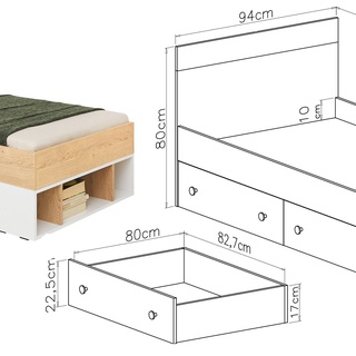 Łóżko 90x200 z szufladami Pixel PX14 L/P młodzieżowe pojedyncze jednoosobowe dąb + biały lux + szary do pokoju sypialni