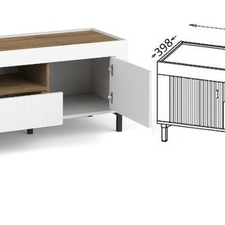 zestaw mebli na nóżkach Mossa 2 komplet szafka rtv witryna komoda ława biały + dąb whisky do spokoju salonu