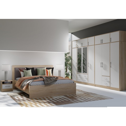 zestaw mebli Smart 5 łóżko szafa z lustrem wysoka z nadstawką komplet artisan / szary antracyt / sonoma biały do sypialni