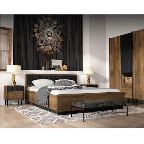 zestaw mebli sypialnia Prestigo 4 szafka łóżko szafa regał komplet loft orzech warmia san sebastian czarny do sypialni pokoju