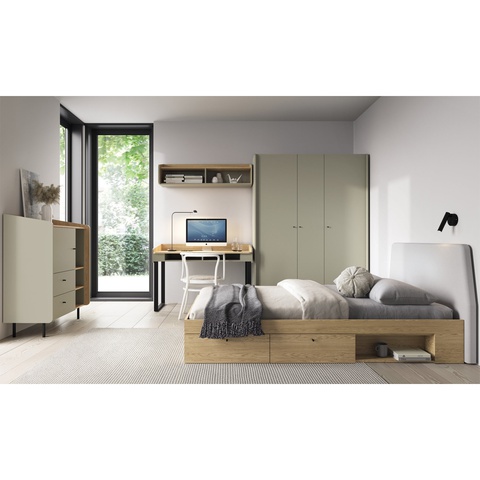 zestaw mebli nowoczesnych Alessio 1 biurko łóżko szafa komoda komplet młodzieżowy dzieci eukaliptus beż dąb do pokoju sypialni