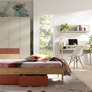 łóżko 90x200 z szufladami Yuki 13 L/P 90 pojedyncze jednoosobowe młodzieżowe szarobeżowy dąb eukaliptus koral do pokoju sypialni