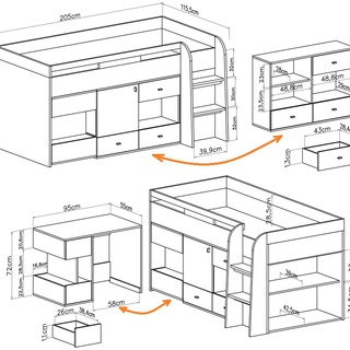 łóżko 90x200 z wysuwanym biurkiem Mobi 21 antresola z komodą szafką